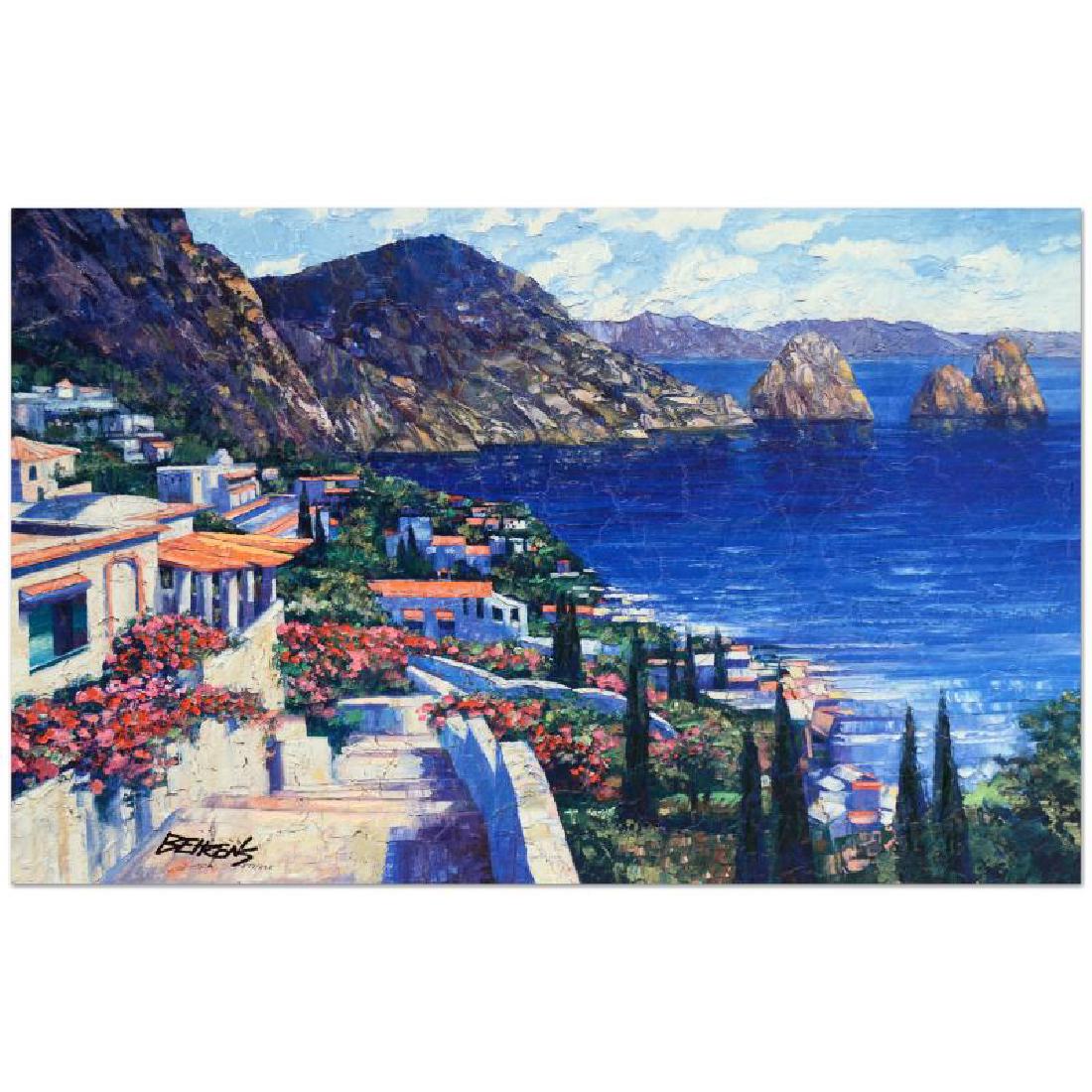 Isle of Capri: "Isle of Capri" is a limited edition hand embellished giclee on canvas with a crackled vecchia finish by Howard Behrens (1933-2014), numbered and hand signed by the artist. Includes Certificate of Aut