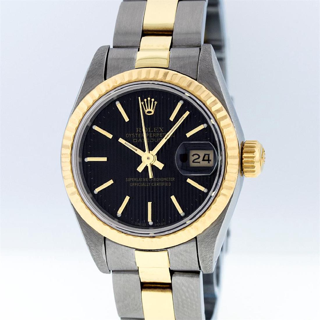 Rolex Two-Tone Black Tapestry Index Oyster Band: One Ladies Two Tone Rolex Datejust Polished, Serviced & Electronically Tested, 14K Yellow Gold & Stainless Steel Case:26mm, 14K Yellow Gold Crown, Bezel: 14K Yellow Gold Fluted Bezel. Custom Crystal: