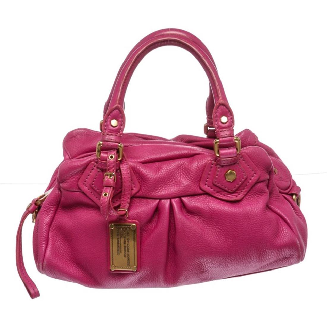 Marc by Marc Jacobs Fuchsia Pink Leather Satchel: One Marc by Marc Jacobs Fuchsia Pink Leather Satchel Handbag. Contains overall zip top closure. Interior is fabric lined with two sideip pocket and one zipper pocket. Dual leather rolled handle and in