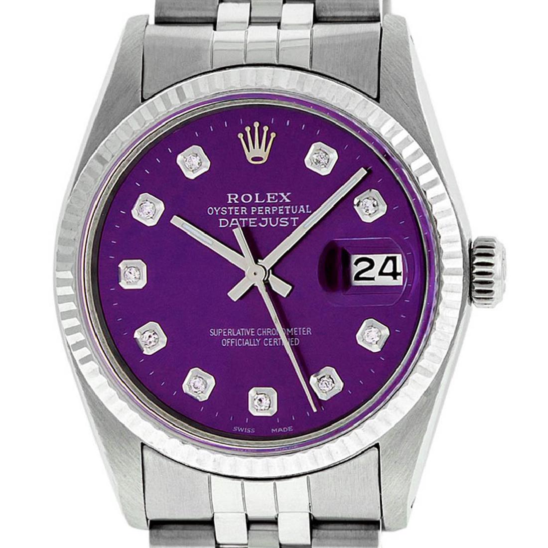 Rolex Mens 36mm Stainless Steel Purple Diamond Datejust: One Gents Rolex Datejust Polished Bright with Satin Finish, Serviced & Electronically Tested, Stainless Steel Case:36mm, Stainless Steel Crown, Original Bezel: 14K White Gold Fluted Bezel. Custom Crys