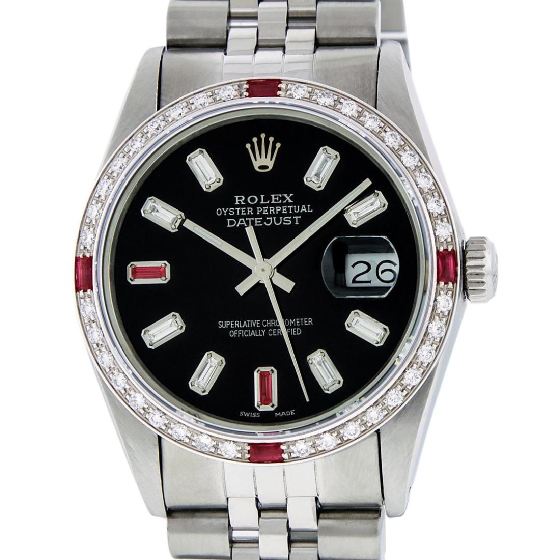 Rolex Mens SS Black Baguette Diamond And Ruby Datejust: One Gents Rolex Datejust Polished, Serviced & Electronically Tested, Stainless Steel Case:36mm, Stainless Steel Crown, Custom Bezel: 18K White Gold Ruby Beadset Diamond Bezel, Diamond + Gem Count: 36