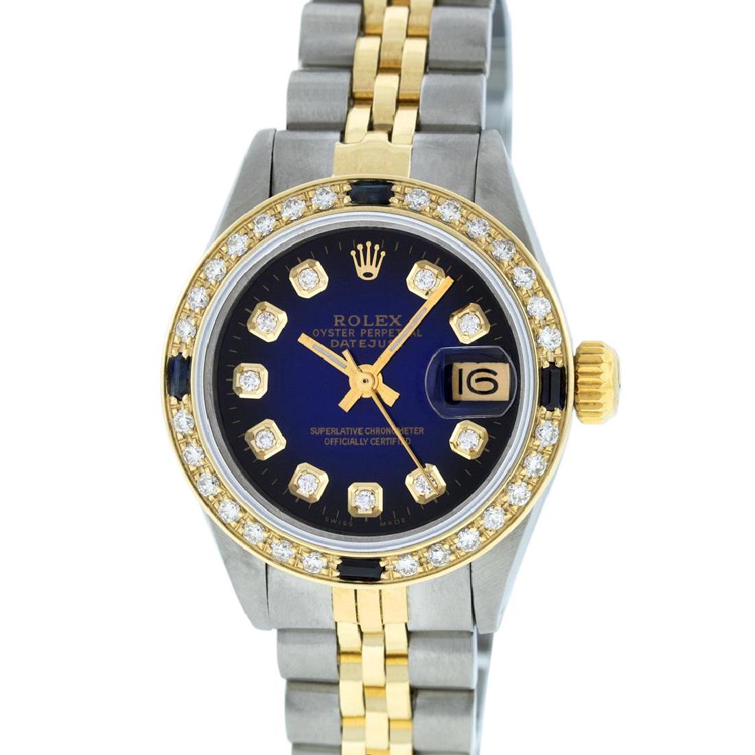 Rolex Two-Tone Diamond and Sapphire DateJust Ladies: One Ladies Two Tone Rolex Datejust Polished, Serviced & Electronically Tested, 14K Yellow Gold & Stainless Steel Case:26mm, 14K Yellow Gold Crown, Custom Bezel: 18K Yellow Gold Sapphire Beadset Diamon