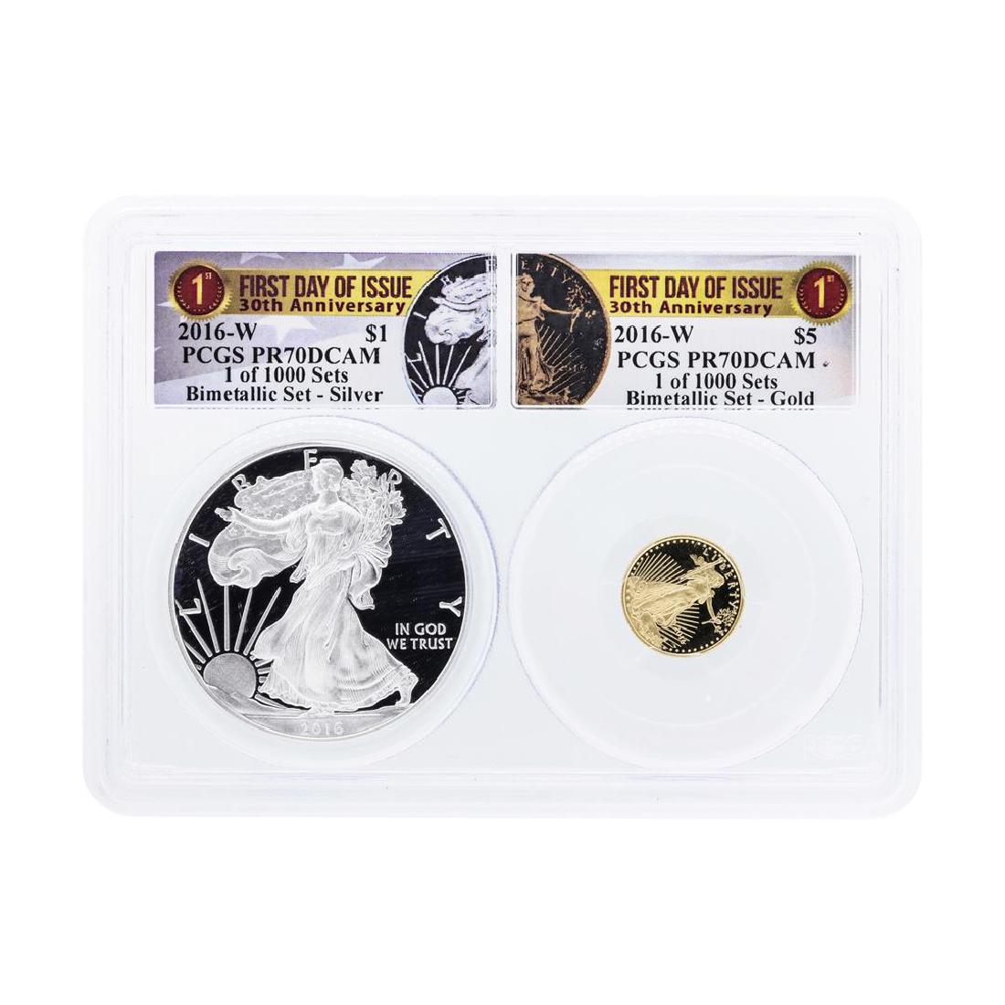 2016-W American Silver & Gold Eagle 30th Anniversary: One 2016-W American Silver & Gold Eagle 30th Anniversary Proof Bimetallic Set PCGS PR70DCAM. PCGS Certified.