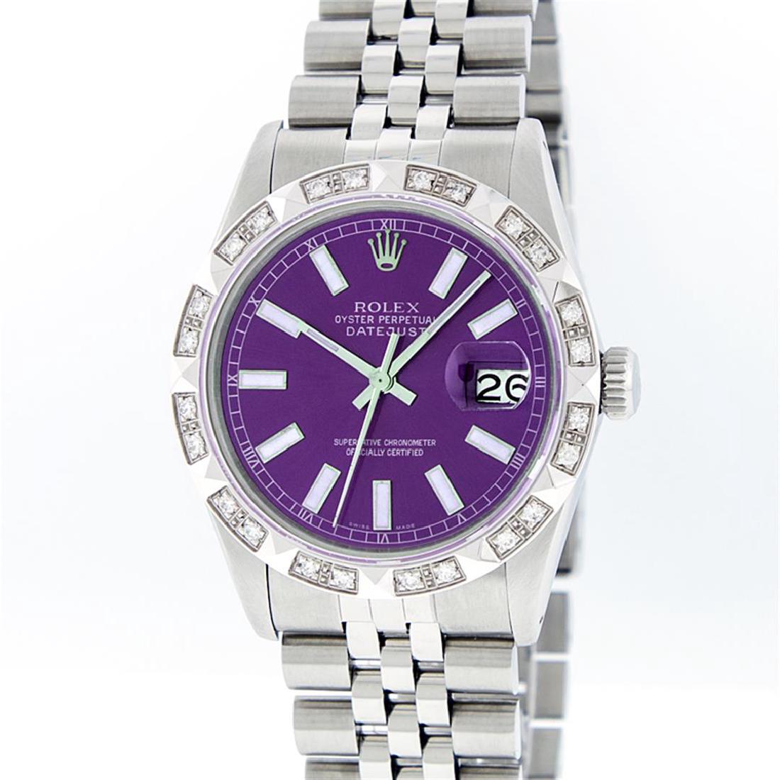Rolex Stainless Steel Purple Index Pyramid Diamond: One Mens Rolex Datejust Polished Bright with Satin Finish, Serviced & Electronically Tested, Stainless Steel Case:36mm, Stainless Steel Crown, Custom Bezel: 18K White Gold Pyramid Diamond Bezel, Diamo