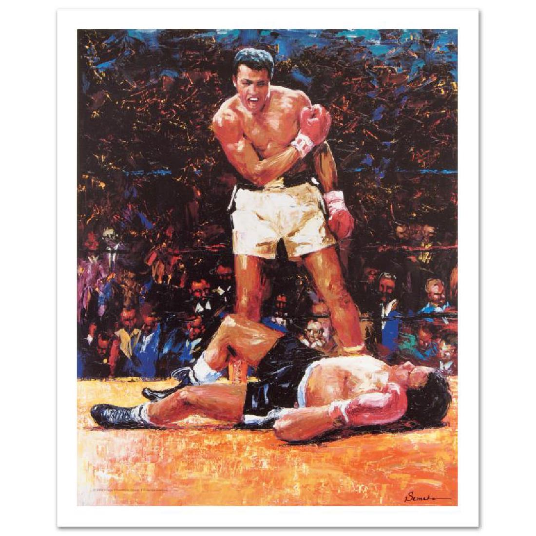Ali Over Liston: With bright colors that display movement and emotion, Igor Semeko capture's Ali's triumphant win in this expressive piece. "Ali Over Liston" is a fine art lithograph poster on paper. Measures approx. 