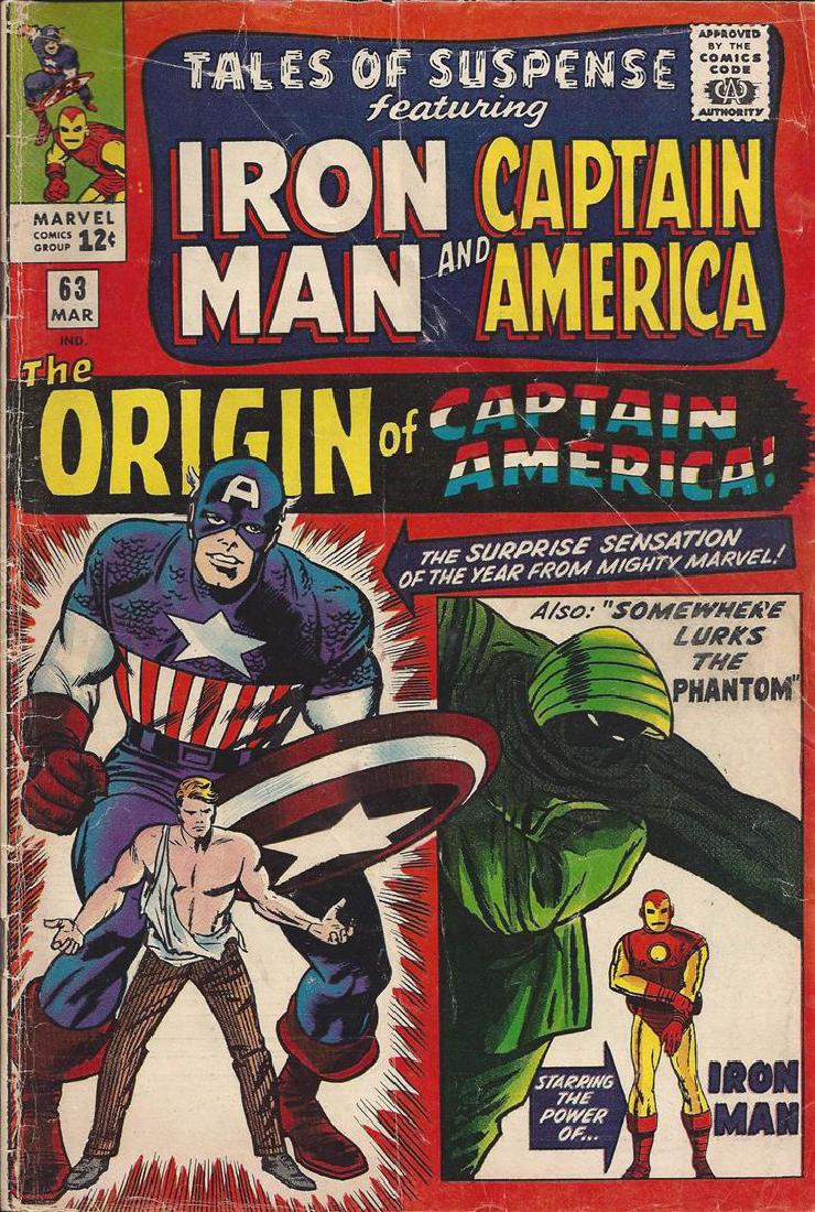 Tales of Suspense featuring Iron Man and Captain: One copy of Tales of Suspense featuring Iron Man and Captain America #63, "The Origin of Captain America!". The comic was written by Stan Lee with art by Jack Kirby and Frank Giacoia.