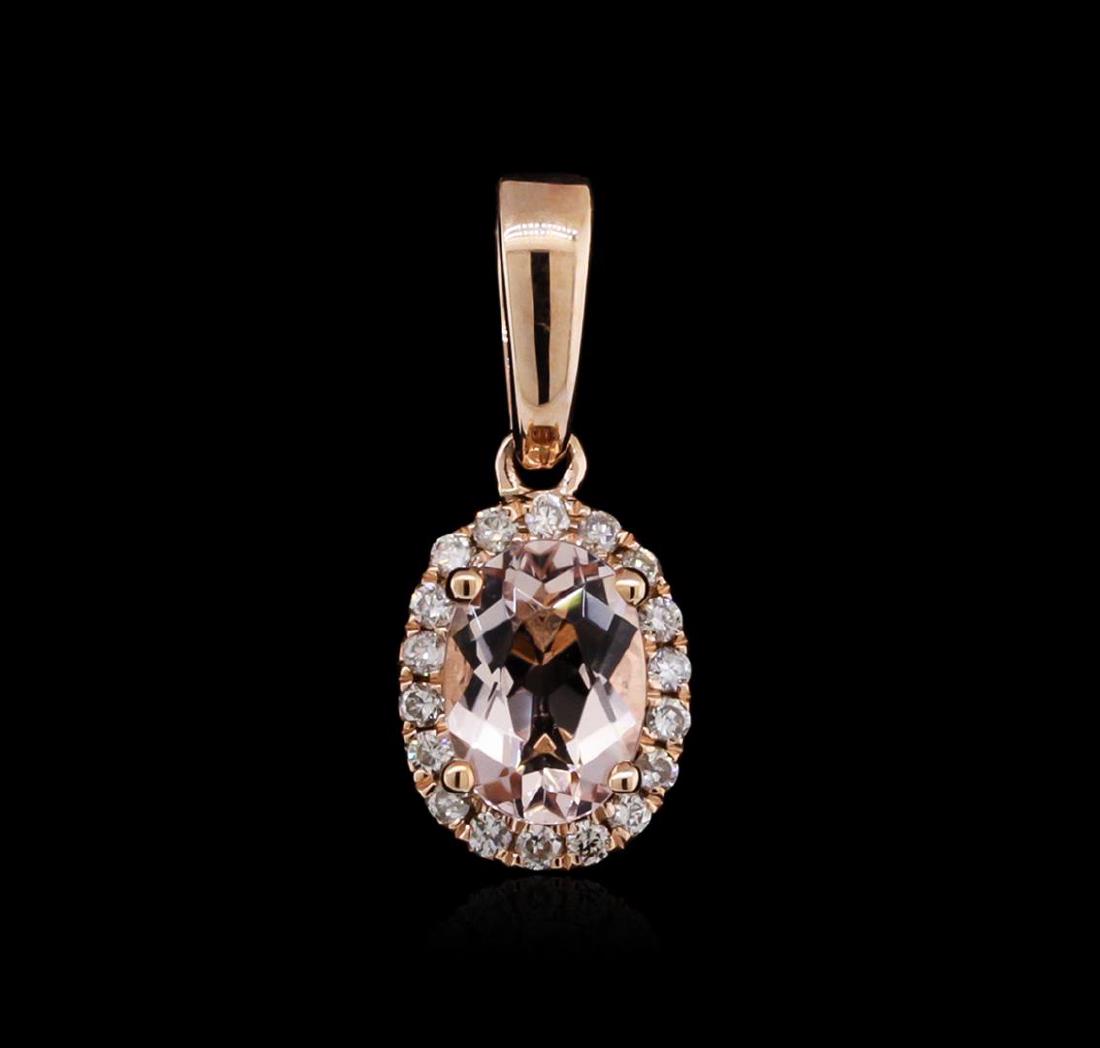 14KT Rose Gold 0.69 ctw Morganite and Diamond Pendant: One pendant featuring: 14KT rose gold weighing 1.30 grams containing one morganite with a total weight of 0.69ct and 18 round diamonds with a total weight of 0.11ct.