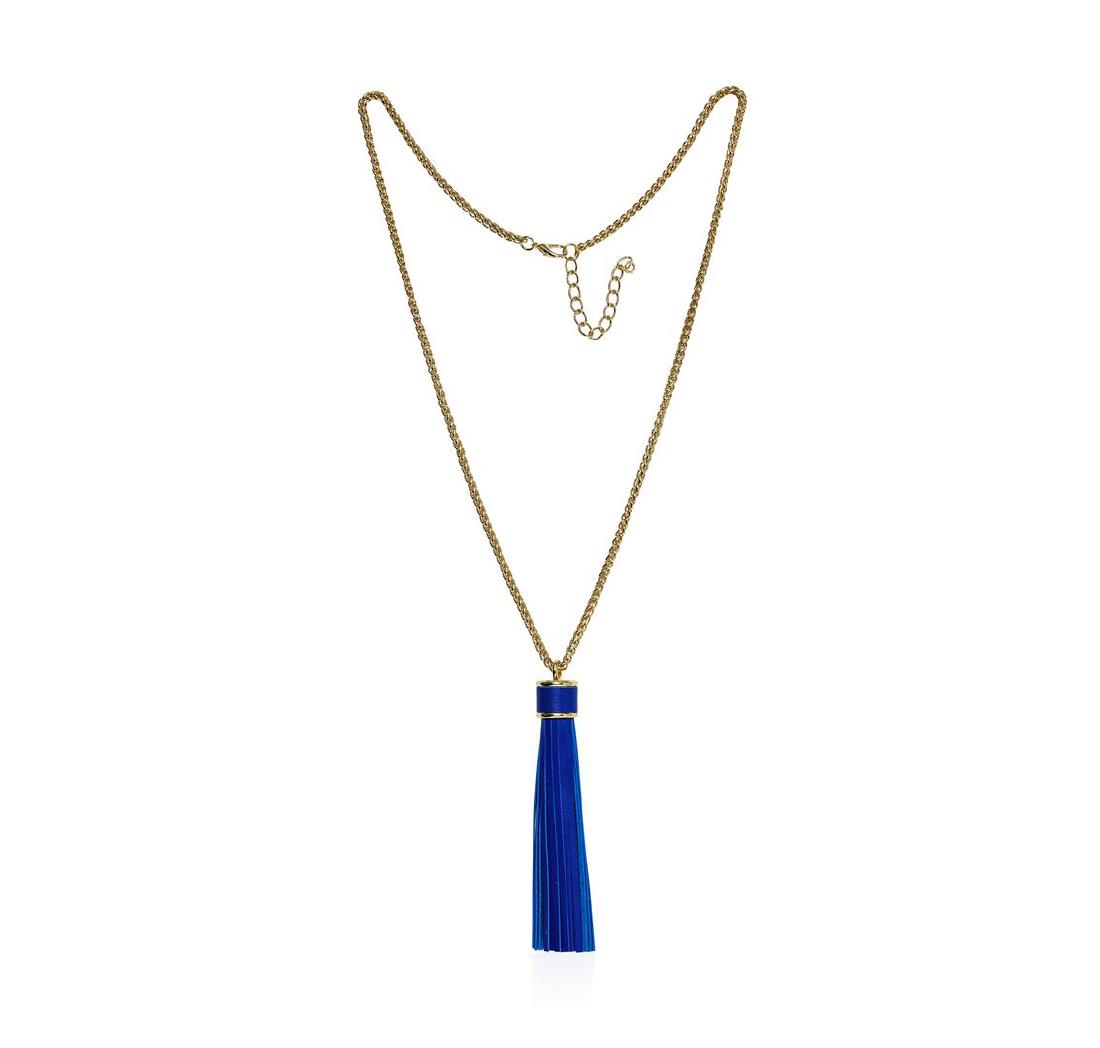 Leather Tassel Chain Necklace - Gold Plated: High end designer jewelry. Leather Tassel Chain Necklace - Gold Plated. Gold Plated Metal/3" Ext Clasp. Navy/ Gold. 32/5inches. Total Weight: 61.6 grams.