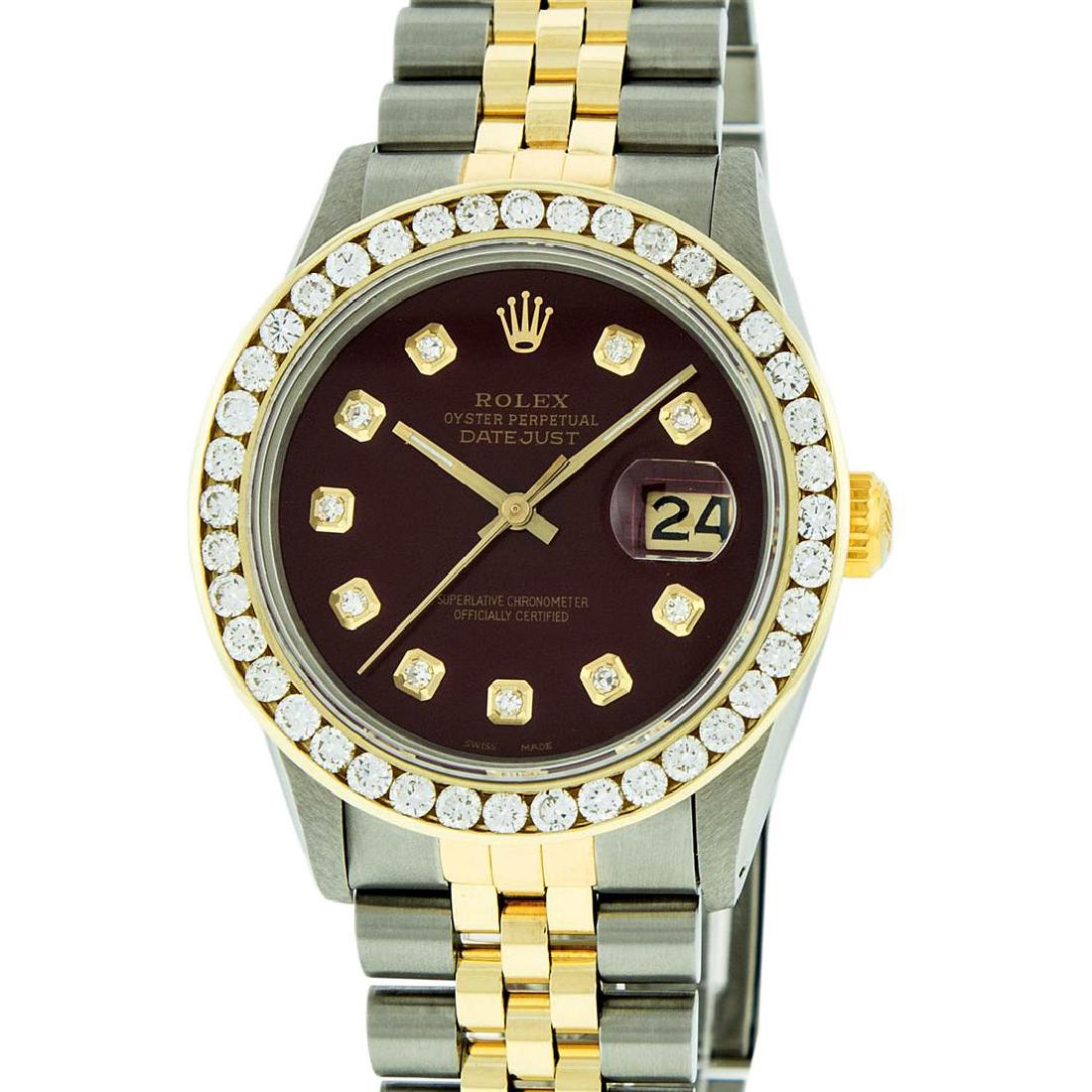 Rolex Two Tone 3.00 ctw Diamond DateJust Men's Watch: One Mens Rolex Datejust Polished Bright with Satin Finish, Serviced & Electronically Tested, 14K Yellow Gold And Stainless Steel Case:36mm, Stainless Steel Crown, Custom Bezel: 18K Yellow Gold Channel