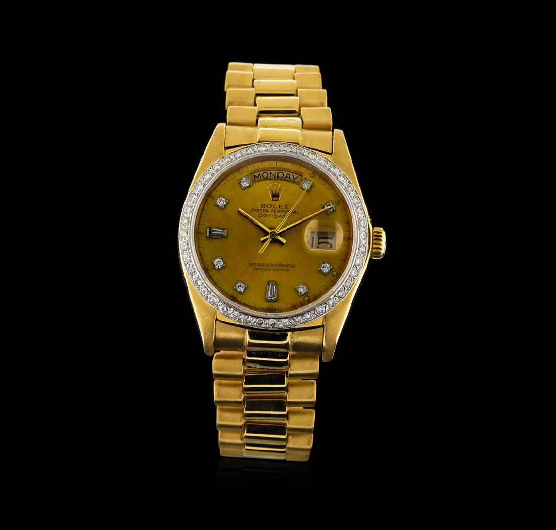 Rolex 18KT Gold President Diamond DayDate Men's Watch: One gents, Rolex DayDate Model the President wristwatch electronically tested 18KT yellow gold, Swiss Hallmarked Case: 36mm oyster, Crown: twin lock with Rolex hallmarked logo, non-factory Custom Beze