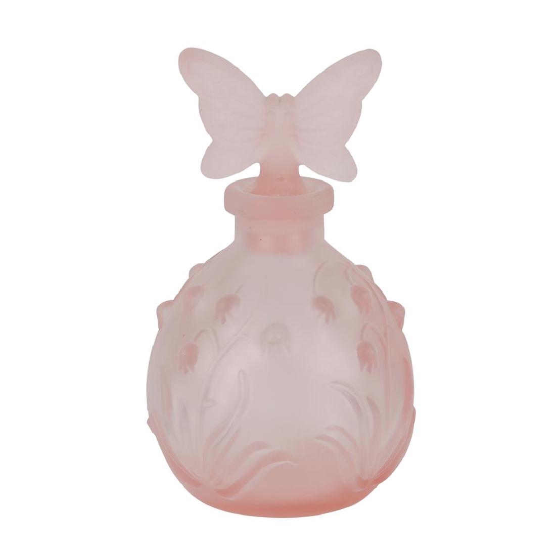 Satin Frosted Pink Glass Perfume Bottle - Butterfly and: This lovely frosted glass perfume bottle features a butterfly stopper and a lily of the valley embossed design. It is in excellent condition; the stopper has a few small nicks on the base edge. The bo