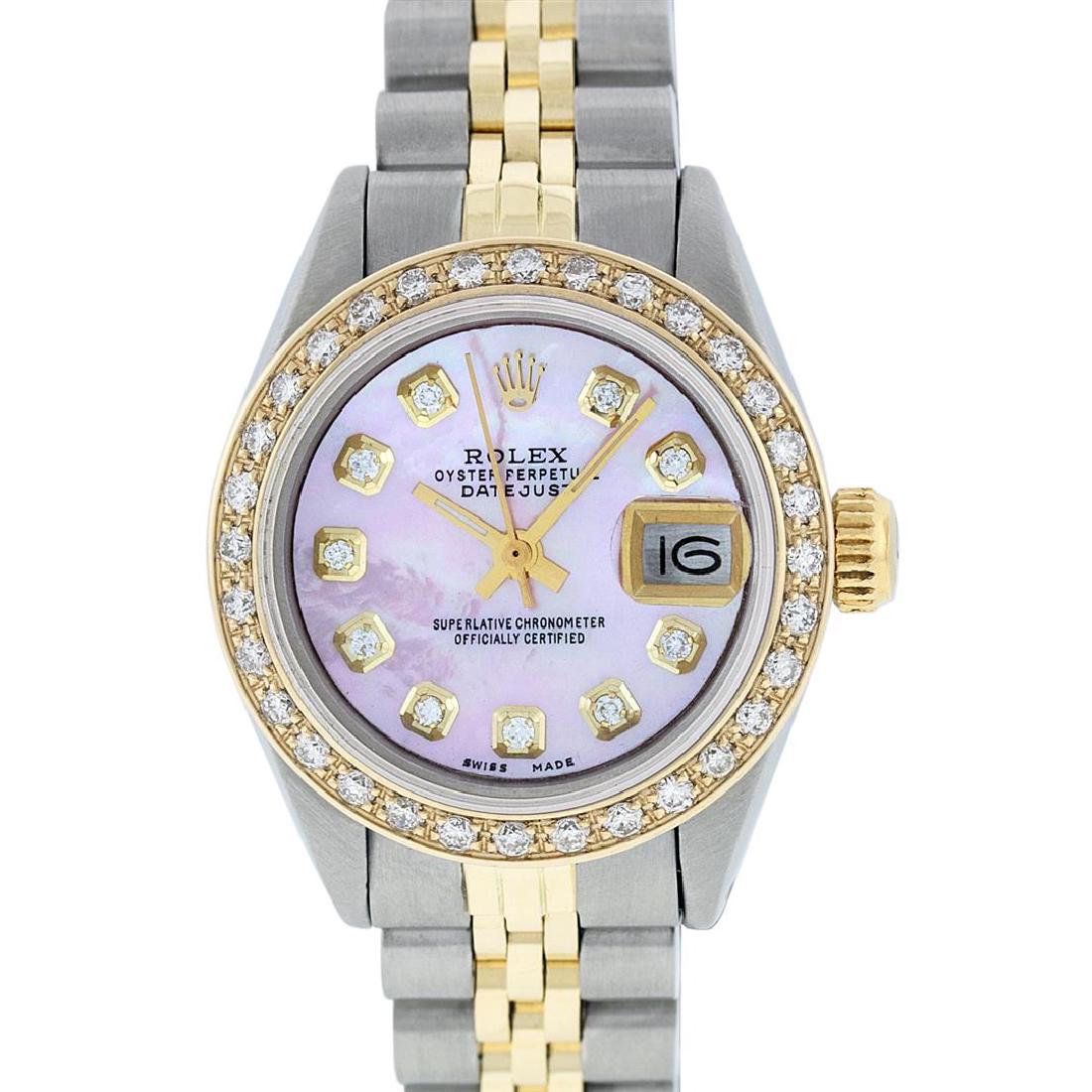 Rolex Two-Tone Diamond DateJust Ladies Watch: One Ladies Two Tone Rolex Datejust Polished, Serviced & Electronically Tested, 14K Yellow Gold & Stainless Steel Case:26mm, 14K Yellow Gold Crown, Custom Bezel: 18K Yellow Gold Beadset Diamond Bezel,