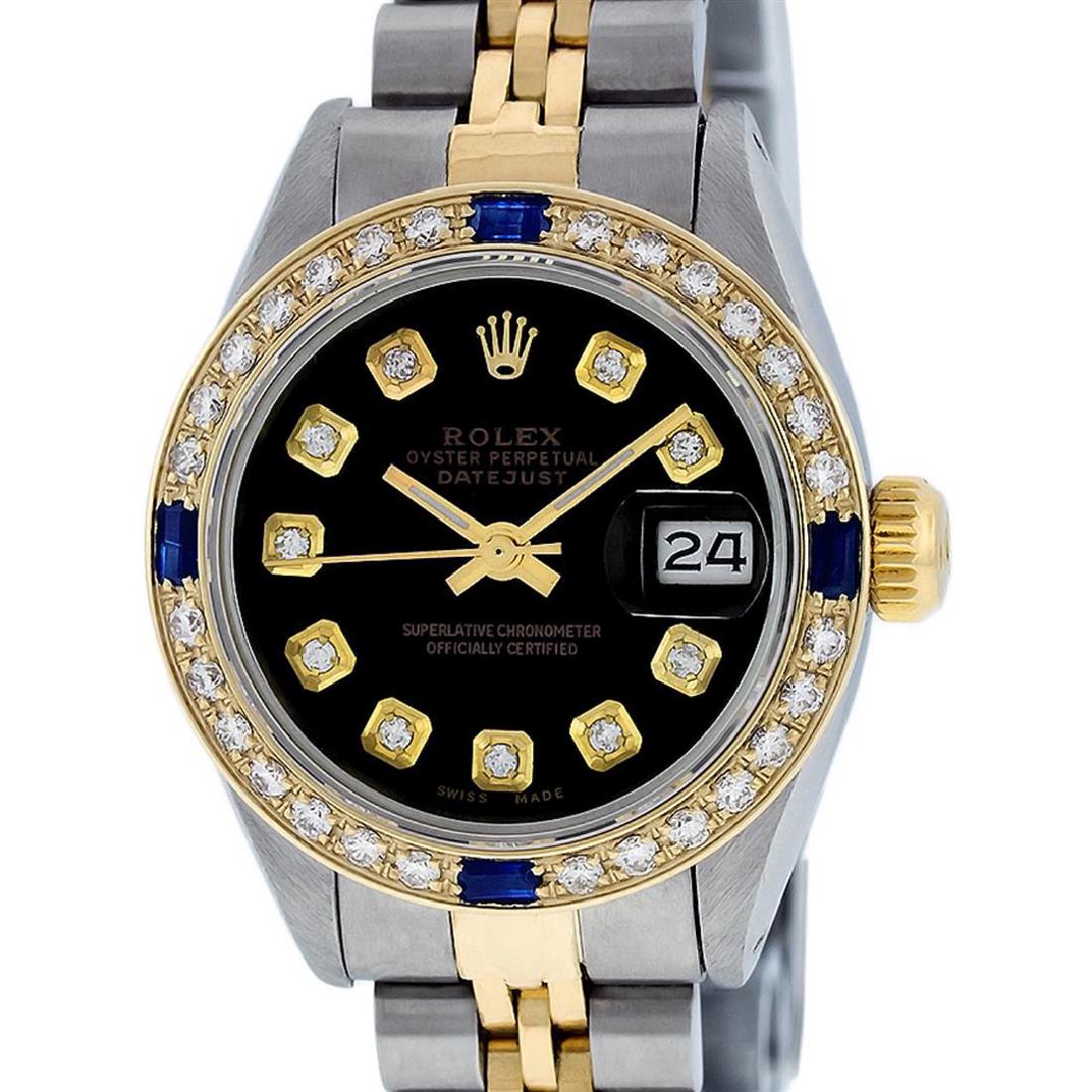 Rolex Ladies 2T Black Diamond And Sapphire Datejust: One Ladies Two Tone Rolex Datejust Polished, Serviced & Electronically Tested, 14K Yellow Gold & Stainless Steel Case:26mm, 14K Yellow Gold Crown, Custom Bezel: 18K Yellow Gold Sapphire Beadset Diamon