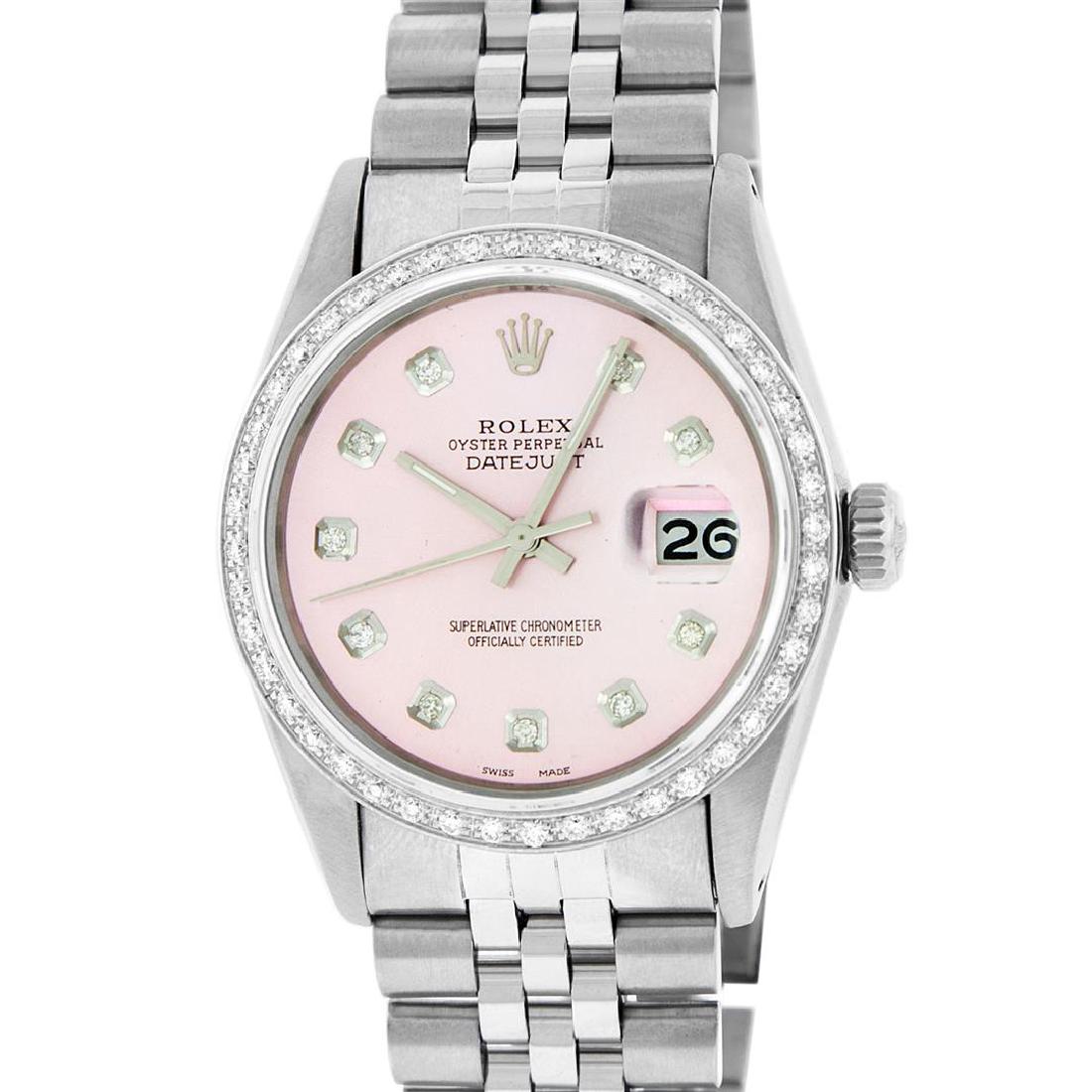 Rolex Stainless Steel 1.00 ctw Diamond DateJust Men's: One Gents Stainless Steel Rolex Datejust Polished Bright with Satin Finish, Fully Serviced & Electronically Tested, Stainless Steel Case:36mm, Stainless Steel Crown, Custom Bezel: 18K White Gold Beads