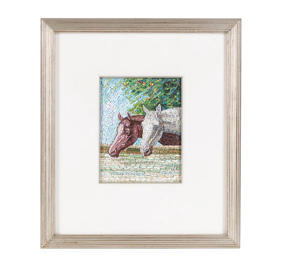 Micro Mosaic Horse "Painting", Large: This is a stunning 20th century handmade original, created with small pieces of porcelain tile in various sizes and of various colors to form two horse heads. This is an old and vintage piece of Itali