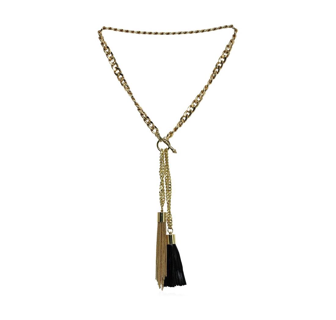 Double Leather Tassel Chain Necklace - Gold Plated: High end designer jewelry. Double Leather Tassel Chain Necklace - Gold Plated. Gold Plated Metal/3" Ext Clasp. Black/ Gold. 28/6.5inches. Total Weight: 120.5 grams.