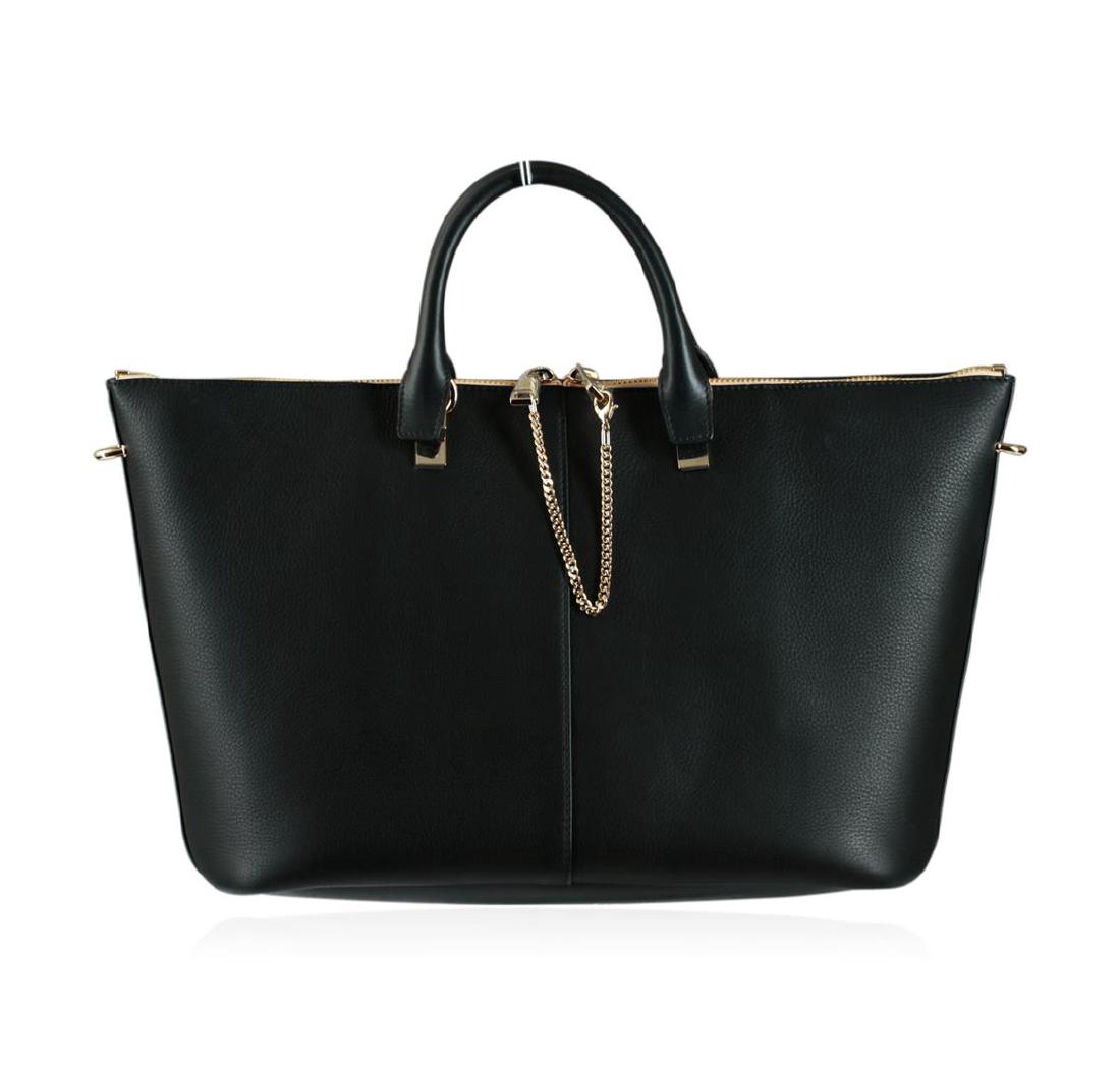 Chloe Baylee Large Black Shoulder Bag: New with tags, Chloe "Baylee" black calfskin tote featuring: polished pale-gold tone hardware. Lined with fabric, one zip pocket, one card slot and two slip pockets at interior. Rolled top handles; de