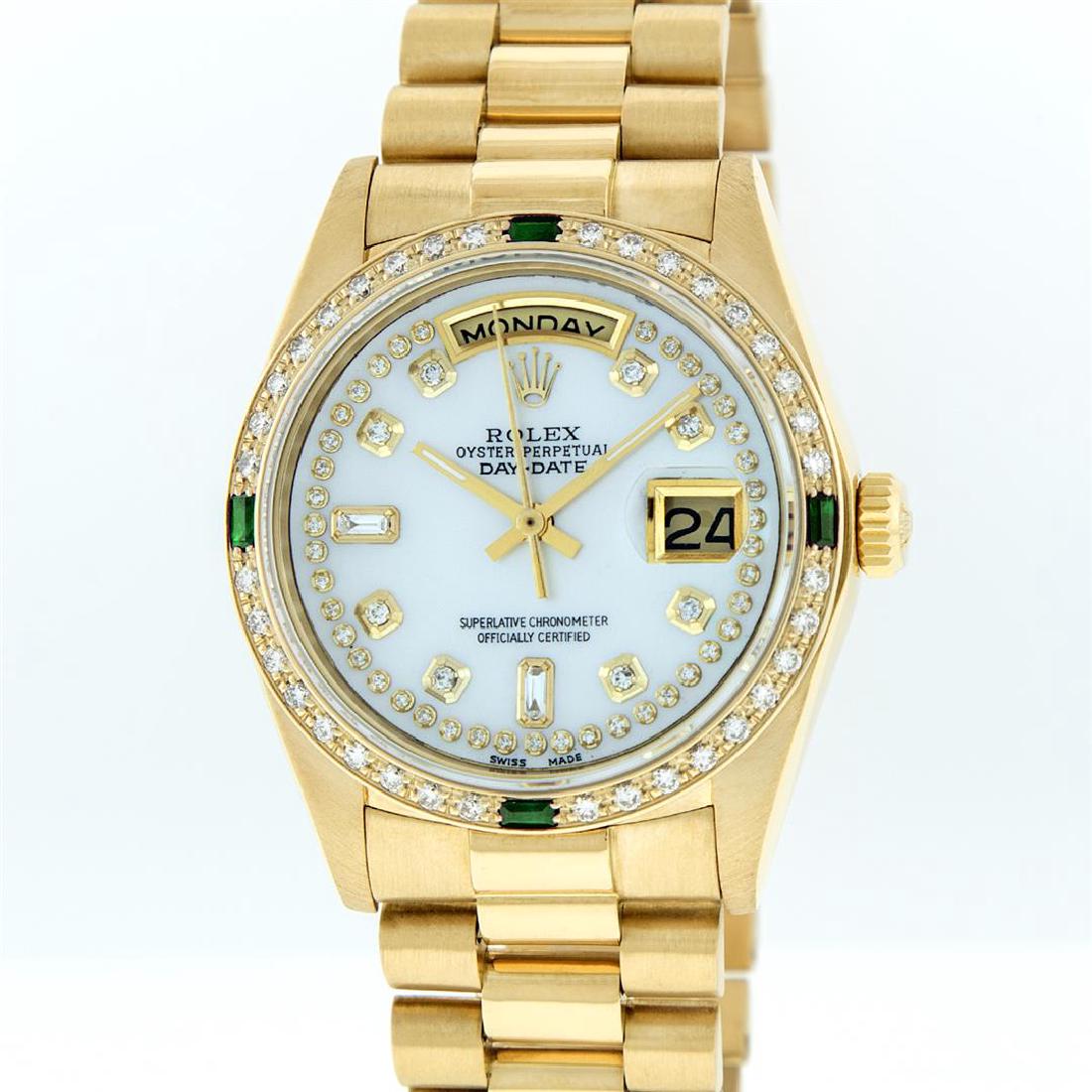 Rolex 18KT Gold President Diamond and Emerald Day-Date: One Mens Rolex Day Date 18K Yellow Gold President Polished, Serviced & Electronically Tested, 18K Yellow Gold Case:36mm, 18K Yellow Gold Crown, Custom Bezel: 18K Yellow Gold Emerald Beadset Diamond Be