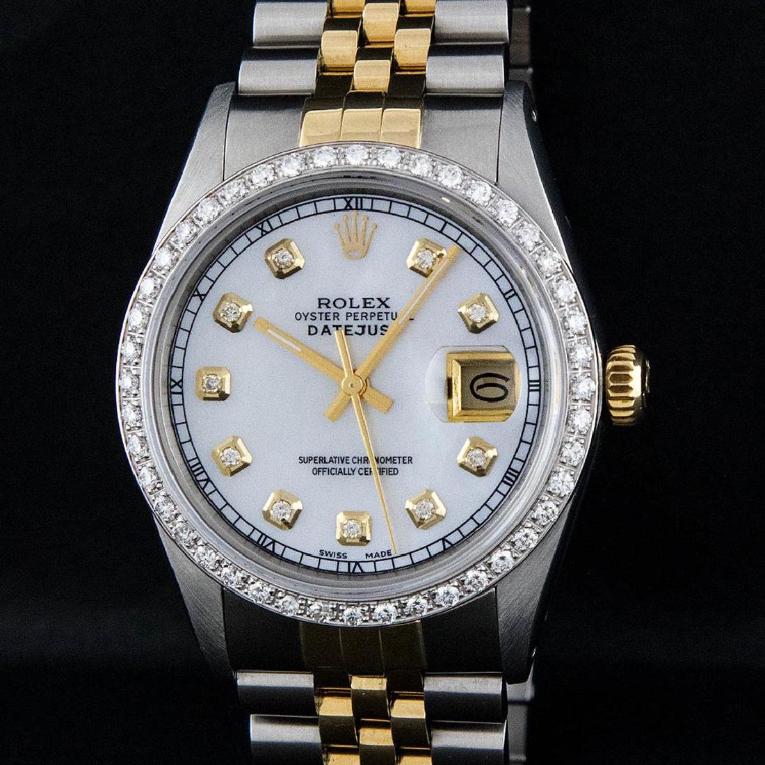 Rolex Two-Tone MOP Diamond Dial Men's Watch: One Mens Two Tone Rolex Datejust Polished, Serviced & Electronically Tested, 14K Yellow Gold & Stainless Steel Case:36mm, 14K Yellow Gold Crown, Custom Bezel: 18K White Gold Beadset Diamond Bezel, Dia