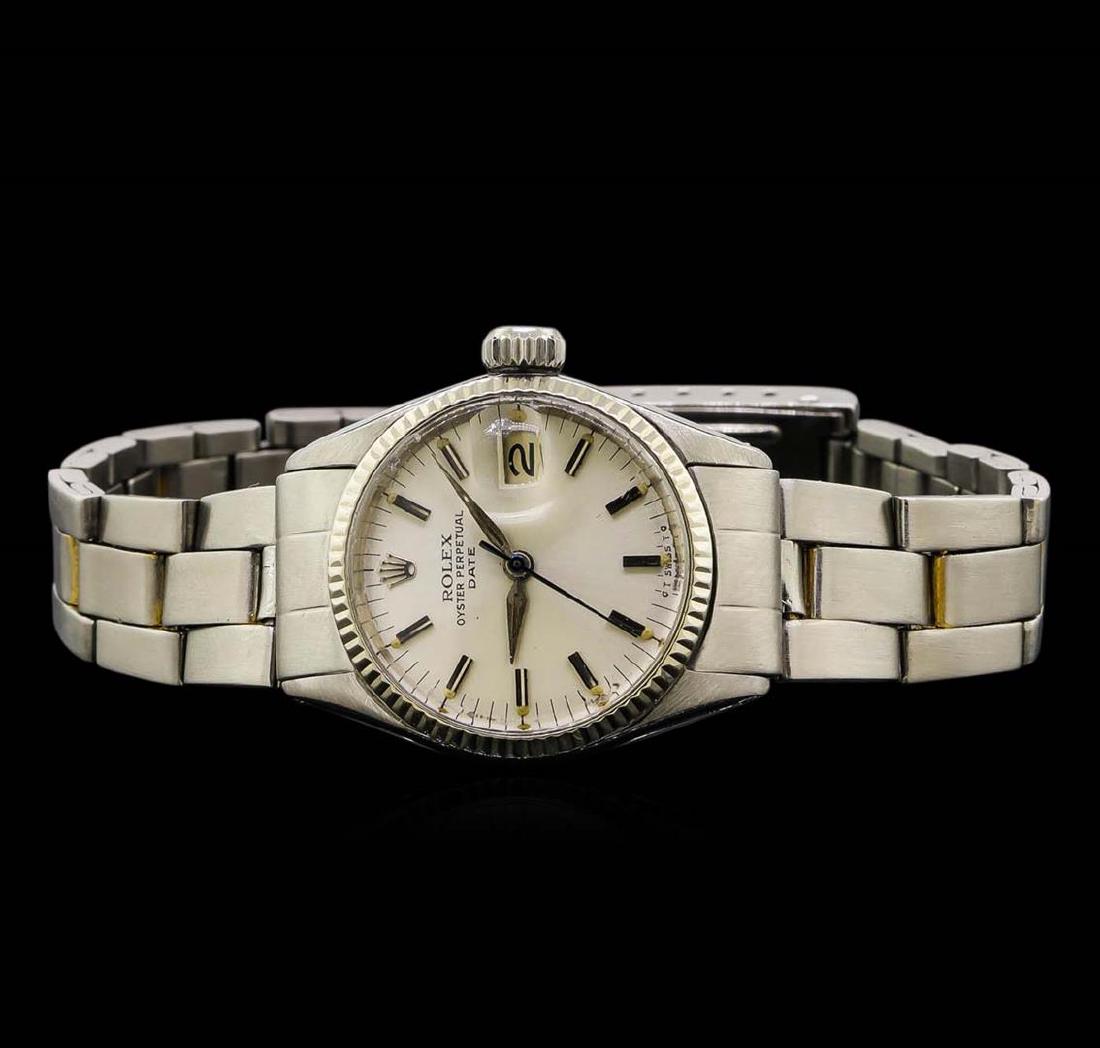 Ladies Stainless Steel Rolex Vintage Wristwatch: One ladies, vintage LadyDate Rolex Oyster Perpetual model Stainless Steel wristwatch electronically tested, Case: 25mm oyster, Crown: twinlock with logo, Bezel: fluted, Custom Crystal: acrylic cyclops