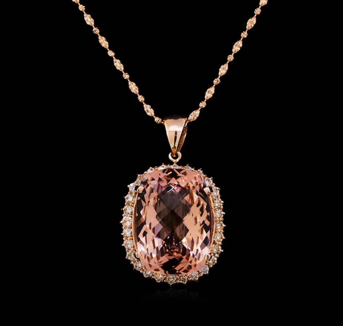 14KT Rose Gold 29.85 ctw Morganite and Diamond Pendant: One electronically tested 14KT rose gold ladies cast & assembled morganite and diamond pendant with chain. The pendant features a morganite set within a diamond bezel, completed by a rose gold bail. T