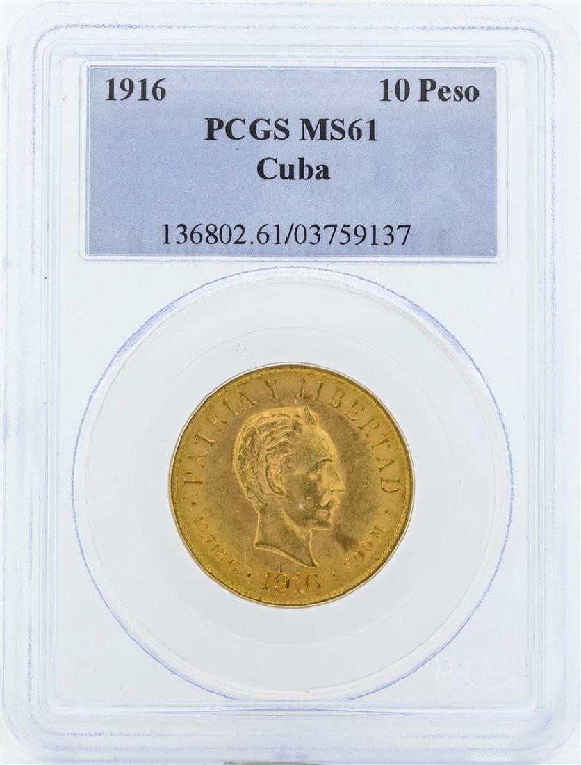 1916 Cuba 10 Pesos Gold Coin PCGS MS61: One 1916 Cuba 10 Pesos Gold Coin PCGS MS61. PCGS Certified.