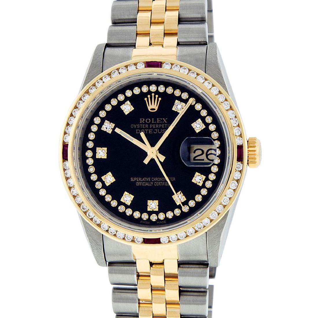 Rolex Two Tone VVS Diamond and Ruby DateJust Men's: One Mens Two Tone Rolex Datejust Polished, Serviced & Electronically Tested, 14K Yellow Gold & Stainless Steel Case:36mm, 14K Yellow Gold Crown, Custom Bezel: 18K Yellow Gold Ruby Channel Set Diamond
