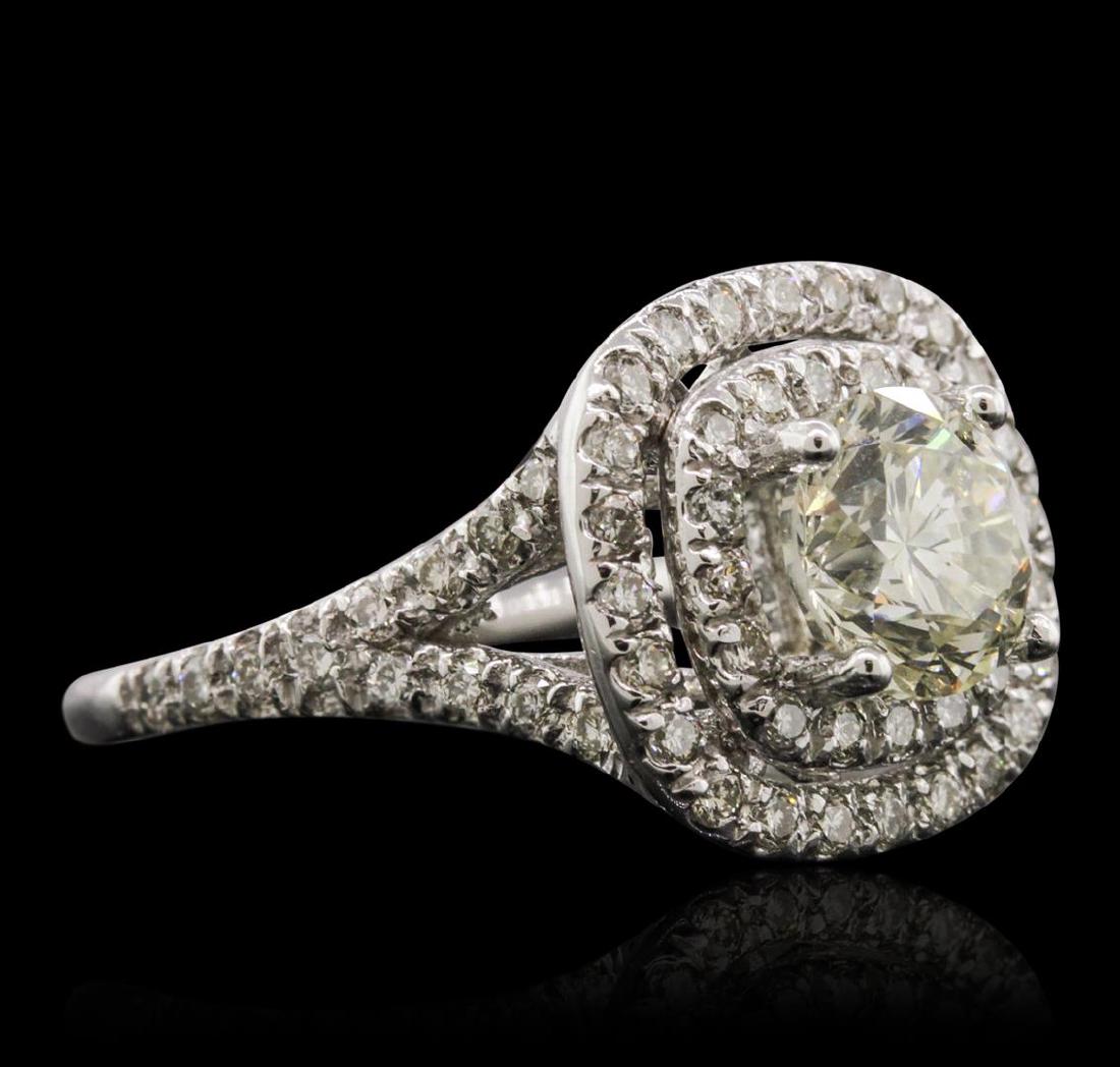 14KT White Gold EGL Certified 2.45 ctw Round Brilliant: One electronically tested 14KT white gold ladies cast diamond unity ring with a bright polish finish. Condition is new, good workmanship. The featured diamond is set within two tiered diamond bezels s