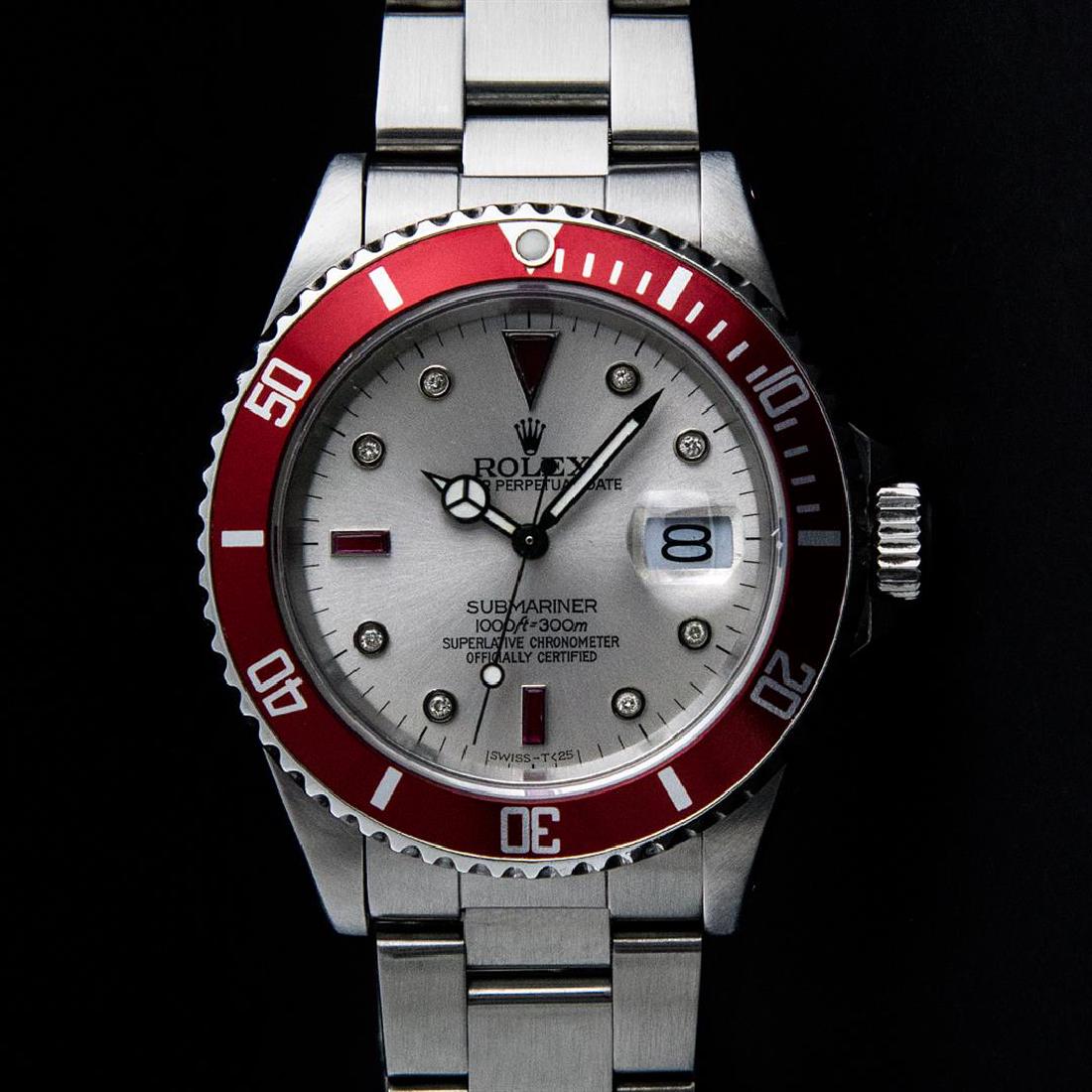 Rolex Stainless Steel Ruby and Diamond Submariner Men's: One Mens Rolex Submariner With Date Polished, Serviced & Electronically Tested, Stainless Steel Case:41mm, Stainless Steel Crown, Custom Bezel: Stainless Steel Rotatable Bezel With Red Insert. Crystal