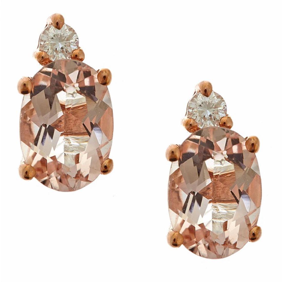 1.39 ctw Morganite and Diamond Earrings - 10KT Rose: One pair of Earrings featuring: 10KT Rose Gold weighing 1.11 grams containing Morganite with an approximate weight of 1.39ct, Diamond with an approximate weight of 0.08ct, and with an approximate weig