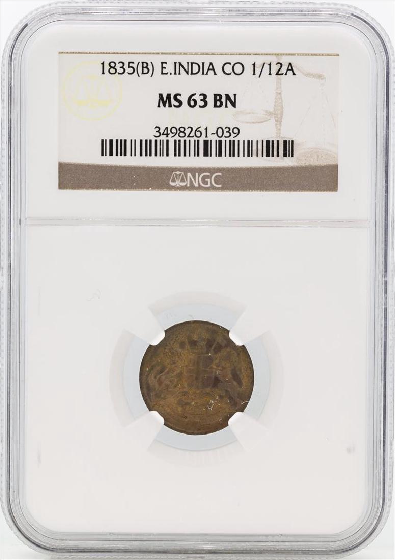 1835(B) East India Co. 1/12 Anna Coin NGC MS63BN: One 1835(B) East India Co. 1/12 Anna Coin NGC MS63BN. NGC Certified.