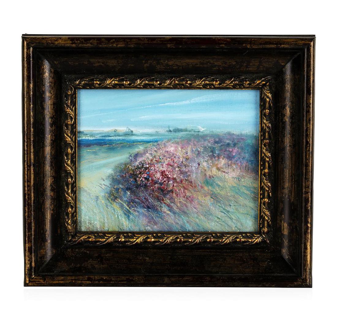 Cape Cod Dunes Original Oil by American Impressionist: This original oil painting is a scene of pink and Purple flowers growing on the dunes of Cape Cod. It is created in muted gray, blue, pink, violet, white, and umber tones. Hall Groat SR., an American