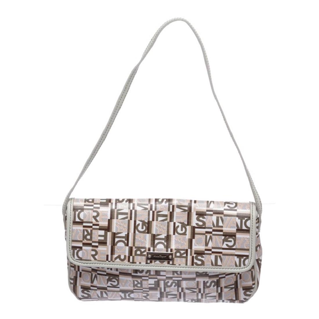 Salvatore Ferragamo White Multicolor Coated Canvas: One Salvatore Ferragamo White Multicolor Coated Canvas Small Shoulder Handbag. Crafted out of multicolor coated canvas and white leather trim, silver tone hardware, single flat strap, snap closure. In