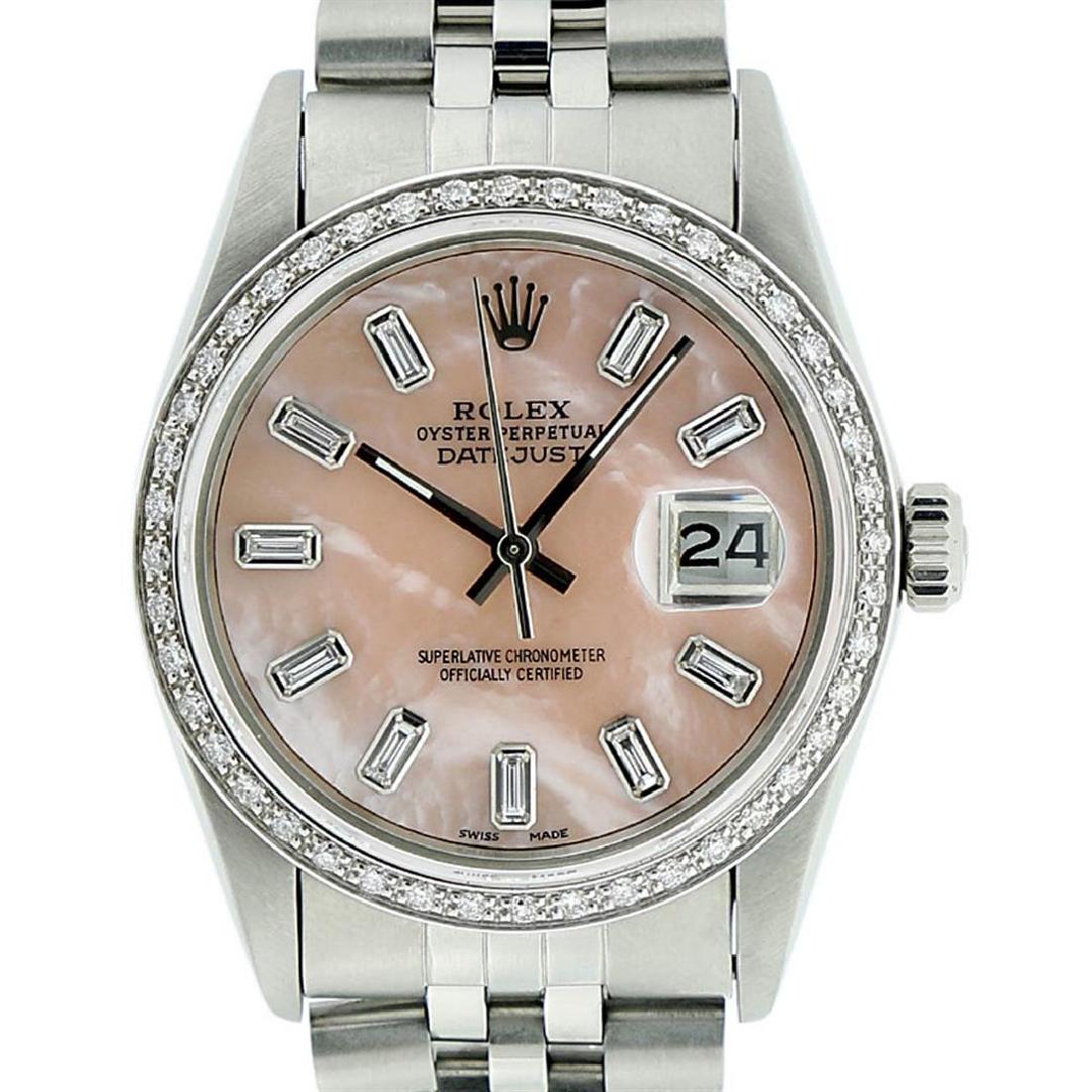 Mens Rolex Stainless Steel Pink MOP Baguette Diamond: One Gents Rolex Datejust Polished, Serviced & Electronically Tested, Stainless Steel Case:36mm, Stainless Steel Crown, Custom Bezel: 18K White Gold Beadset Diamond Bezel, Diamond Count: 44 Diamonds, T