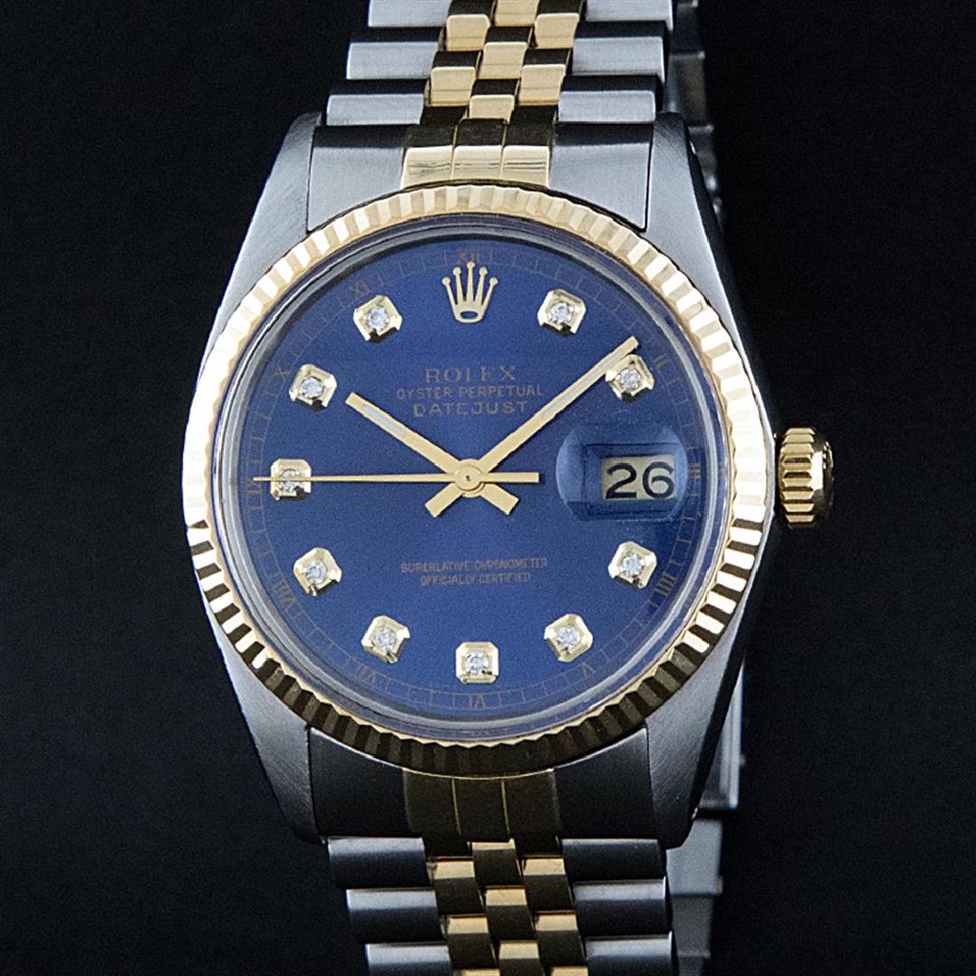 Rolex Two-Tone Blue Diamond DateJust Men's Watch: One Mens Two Tone Rolex Datejust Polished, Serviced & Electronically Tested, 14K Yellow Gold & Stainless Steel Case: 36mm,14K Yellow Gold Crown, Bezel: 14K Yellow Gold Fluted Bezel. Custom Crystal: Ac