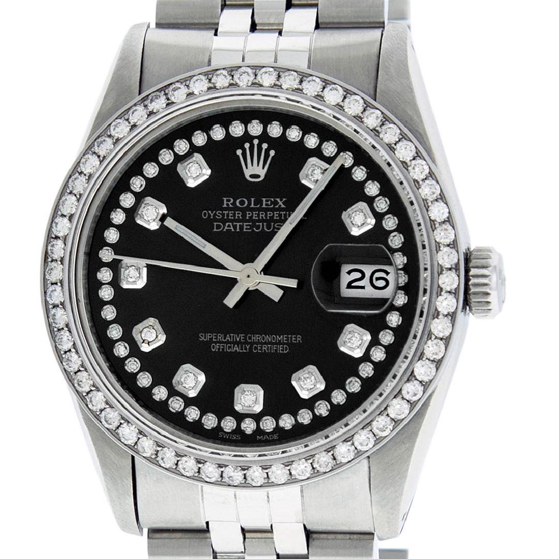 Rolex Mens 36mm Stainless Steel Black String Diamond: One Mens Rolex Datejust Polished Bright with Satin Finish, Serviced & Electronically Tested, Stainless Steel Case:36mm, Stainless Steel Crown, Custom Bezel: Stainless Steel Beadset Diamond Bezel, Di
