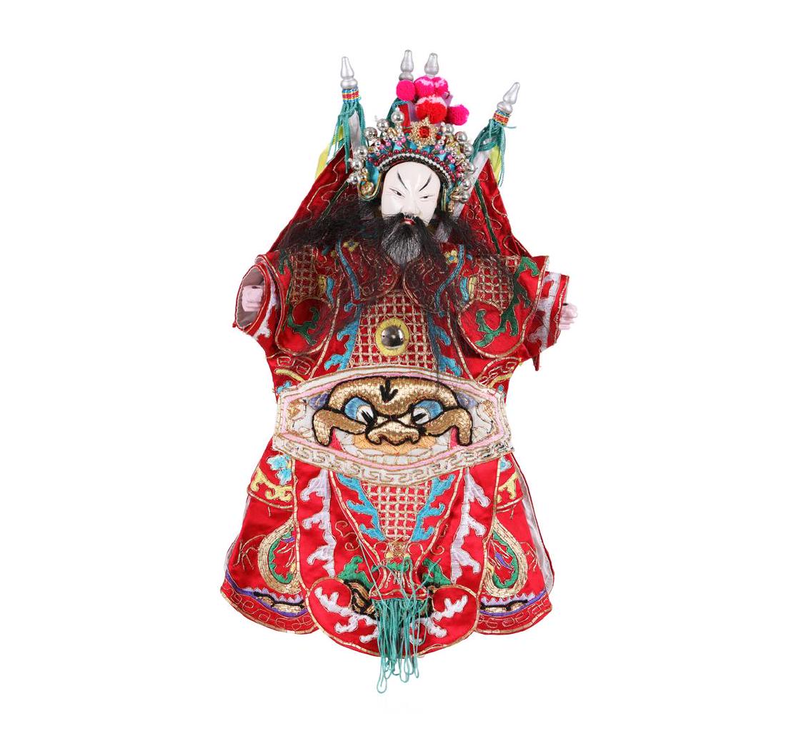 Vintage 17" Composition Face Male Chinese Doll: Ornately dress Chinese man doll/puppet with a soft fabric body and composition hands, face and feet. Very elaborate headdress, measures 17" tall overall.