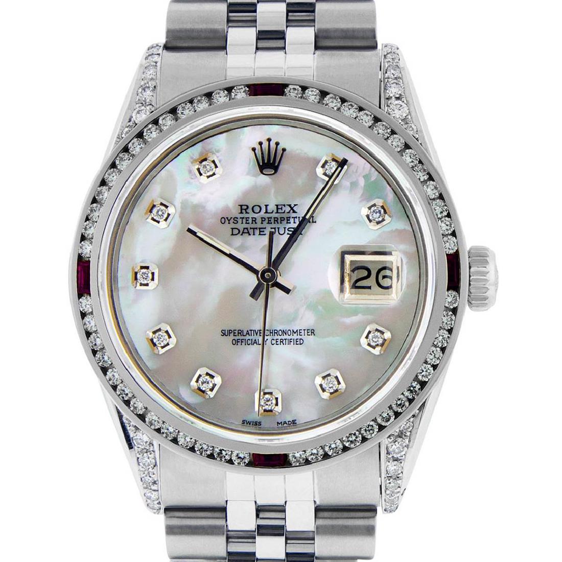 Rolex Mens Stainless Steel Diamond Lugs & Ruby Channel: One Mens Rolex Datejust Polished Bright with Satin Finish, Serviced & Electronically Tested, Stainless Steel Case:36mm, Diamond Lugs: 24 Diamonds In Lugs, Color: G to H, Clarity: SI-VS. Stainless Stee