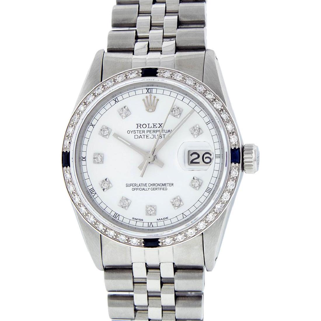 Rolex Mens Stainless Steel White Diamond And Sapphire: One Mens Rolex Datejust Polished Bright with Satin Finish, Serviced & Electronically Tested, Stainless Steel Case:36mm, Stainless Steel Crown, Custom Bezel: 18K White Gold Sapphire Beadset Diamond Bez