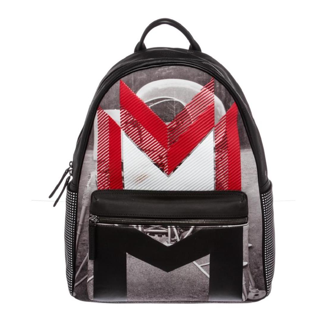 MCM Red Black Coated Canvas Moonwalker Series Backpack: Black and Red Visetos Coated Canvas MCM backpack with gunmetal tone hardware, dual adjustable flat shoulder straps, single flat handle, one exterior zipper compartment and two side slip pockets. Inter
