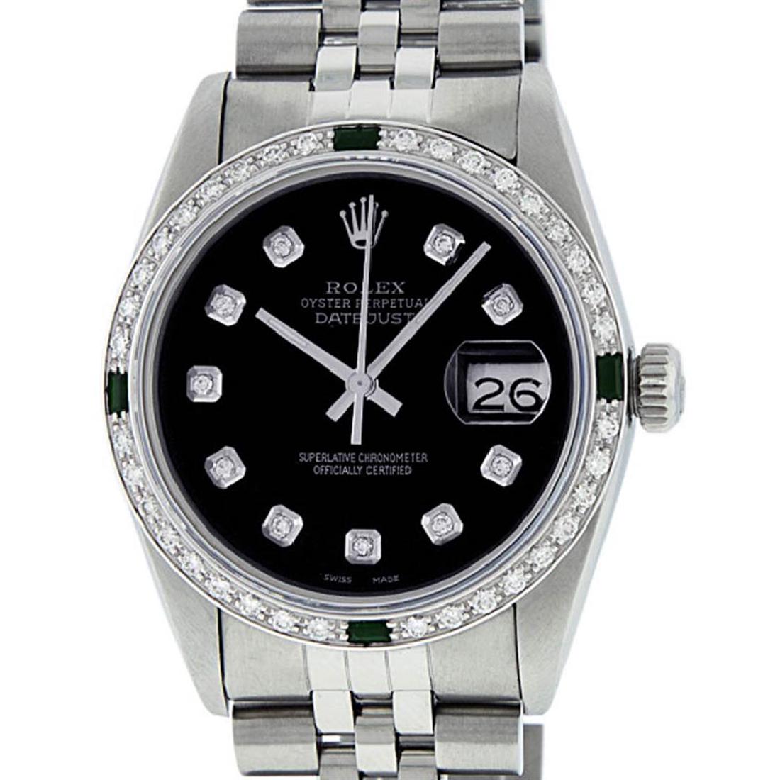 Rolex Mens Stainless Steel 1.20 Ctw Black Diamond And: One Gents Rolex Datejust Polished, Serviced & Electronically Tested, Stainless Steel Case:36mm, Stainless Steel Crown, Custom Bezel: 18K White Gold Emerald Beadset Diamond Bezel, Diamond + Gem Count: 