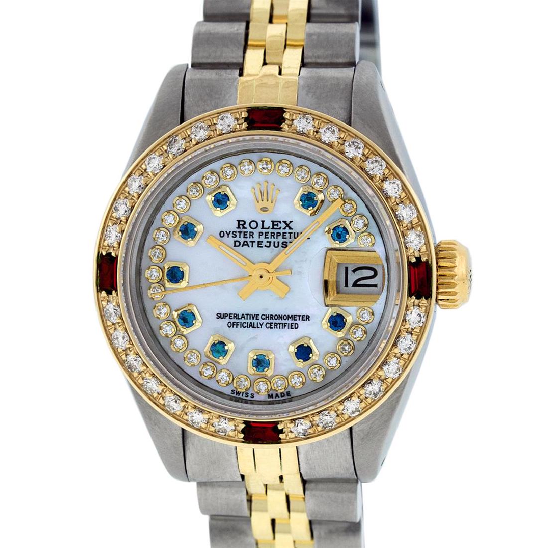 Rolex Ladies 2T MOP Sapphire String Diamond And Ruby: One Ladies Two Tone Rolex Datejust Polished, Serviced & Electronically Tested, 14K Yellow Gold & Stainless Steel Case:26mm, 14K Yellow Gold Crown, Custom Bezel: 18K Yellow Gold Ruby Beadset Diamond Be