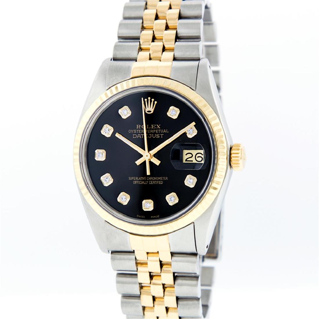 Rolex Two-Tone Diamond DateJust Men's Watch: One Gents Two Tone Rolex Datejust Polished, Serviced & Electronically Tested, 14K Yellow Gold & Stainless Steel Case:36mm, 14K Yellow Gold Crown, Bezel: 14K Yellow Gold Fluted Bezel. Custom Crystal: A