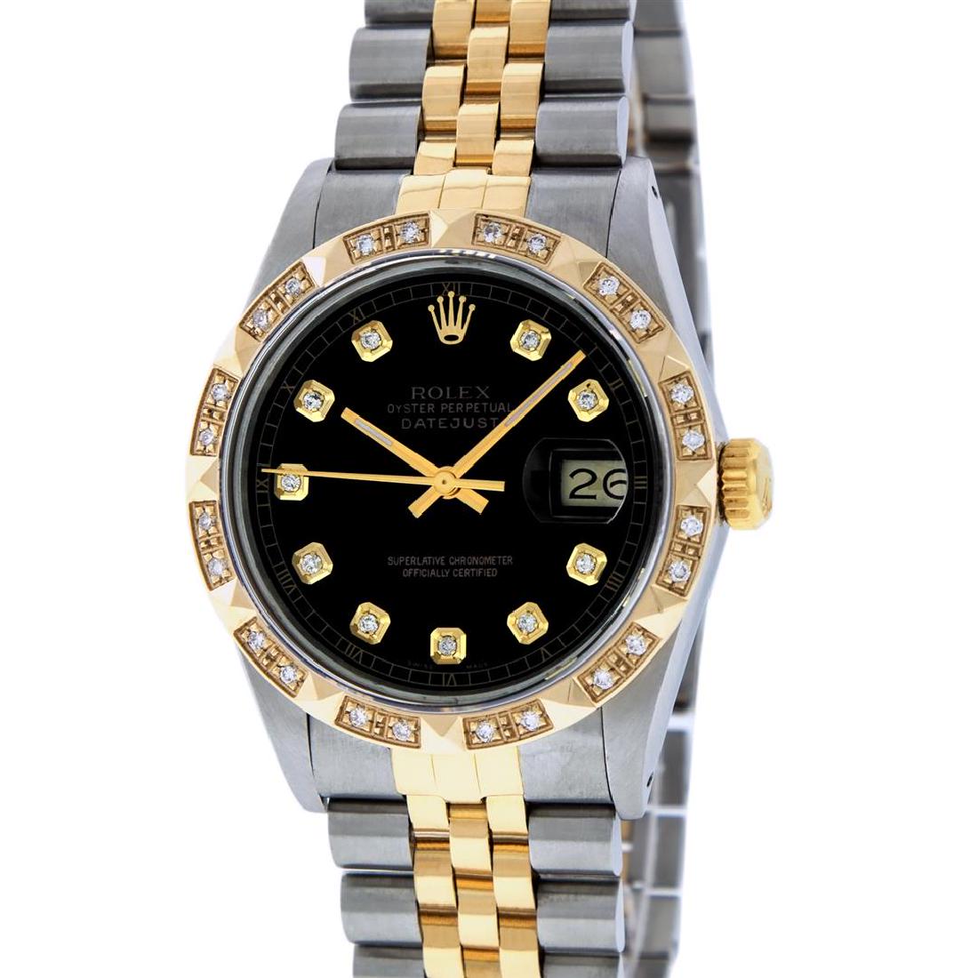 Rolex Mens Two Tone Black Diamond Pyramid Bezel: One Gents 18K Yellow Gold Two Tone Rolex Datejust Polished, Serviced & Electronically Tested, 18K Yellow Gold & Stainless Steel Case:36mm, 18K Yellow Gold Crown, Custom Bezel: 18K Yellow Pyramid Diamo