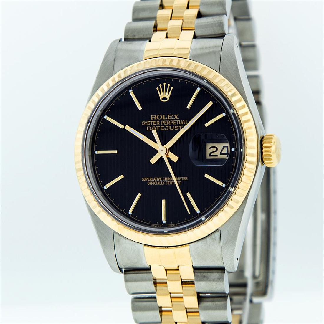 Rolex Mens Two Tone Black Tapestry Index Dial Datejust: One Mens Two Tone Rolex Datejust Polished, Serviced & Electronically Tested, 14K Yellow Gold & Stainless Steel Case:36mm, 14K Yellow Gold Crown, Bezel: 14K Yellow Gold Fluted Bezel. Custom Crystal: Ac