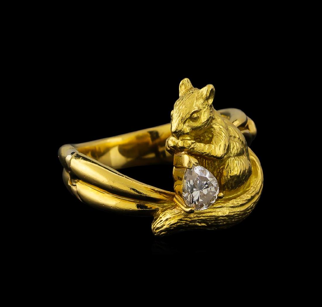 0.36 ctw Diamond Ring - 18KT Yellow Gold: One electronically tested 18KT yellow gold lady's combination cast & assembled fashion ring with a bright polish finish. The featured lady's ring has a motif of a squirrel eating a nut and has a hinge