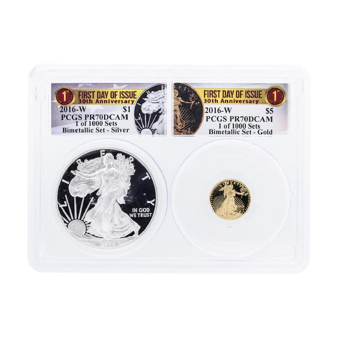 2016-W American Silver & Gold Eagle 30th Anniversary: One 2016-W American Silver & Gold Eagle 30th Anniversary Proof Bimetallic Set PCGS PR70DCAM. PCGS Certified.