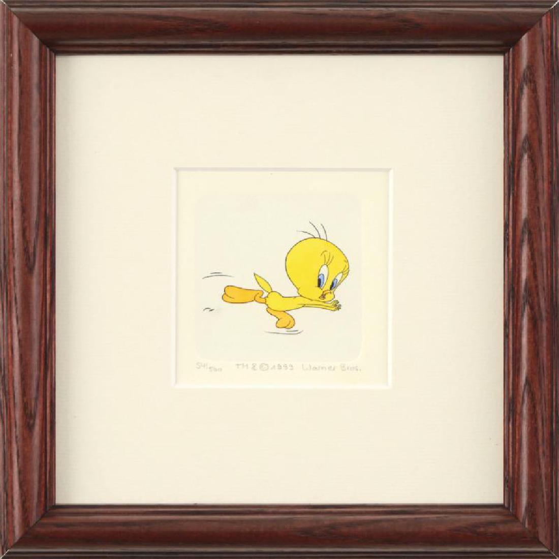 Tweety Bird by Looney Tunes: "Tweety Bird" is a limited edition etching on paper with hand-tinted coloring from Warner Bros, numbered and dated 1999. This piece comes framed. Measures approx. 9" x 9" (with frame), 2.5" x 2" (imag