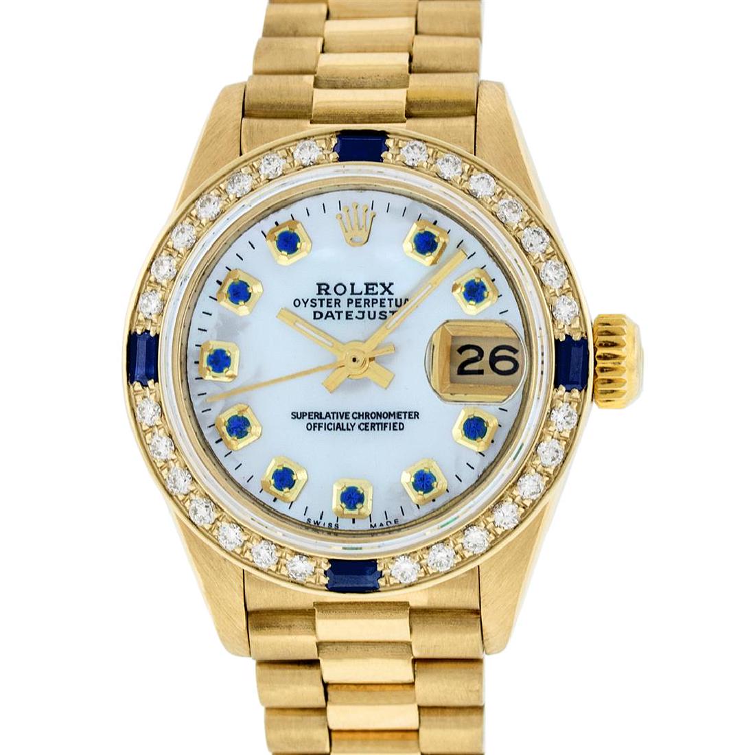 Rolex 18KT Gold President Diamond and Sapphire Ladies: One Ladies 18K Rolex President Polished, Serviced & Electronically Tested, 18K Yellow Gold Case: 26mm, 18K Yellow Gold Crown, Custom Bezel: 18K Yellow Gold Sapphire BeadSet Diamond Bezel, Diamond + St