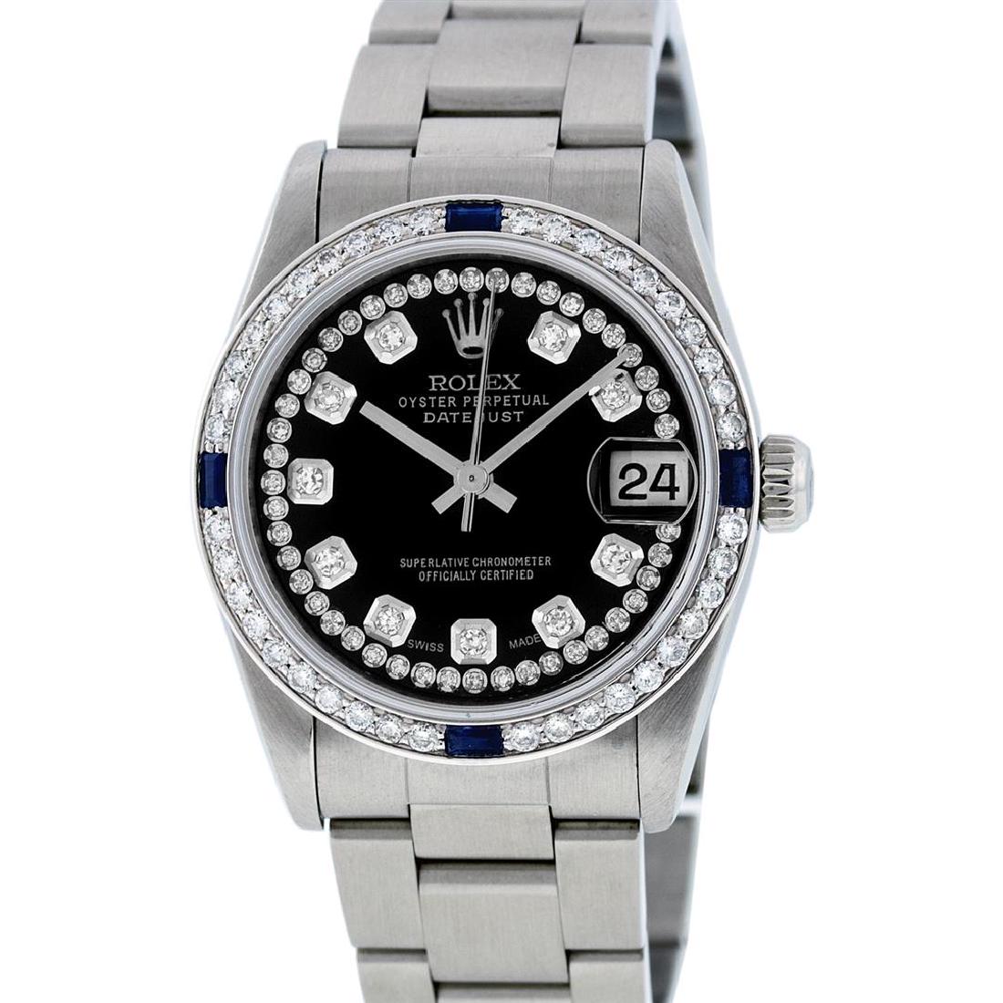 Rolex Stainless Steel Diamond and Sapphire DateJust: One Midsize Stainless Steel Rolex Datejust Polished, Serviced & Electronically Tested, Stainless Steel Case Case:31mm, Stainless Steel Crown, Custom Bezel: 18K White Gold Sapphire Beadset Bezel, Diamo